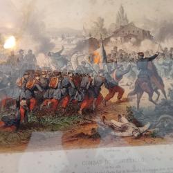 lithographie de la Bataille de Montebello  (20mai 1859) sous verre. Dans son jus de d&eacute;couverte.