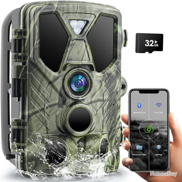 Cam�ra de Chasse Bluetooth WiFi App 36MP 4K Vision Nocturne Carte M�moire 32GB WiFi812 �tanche IP66