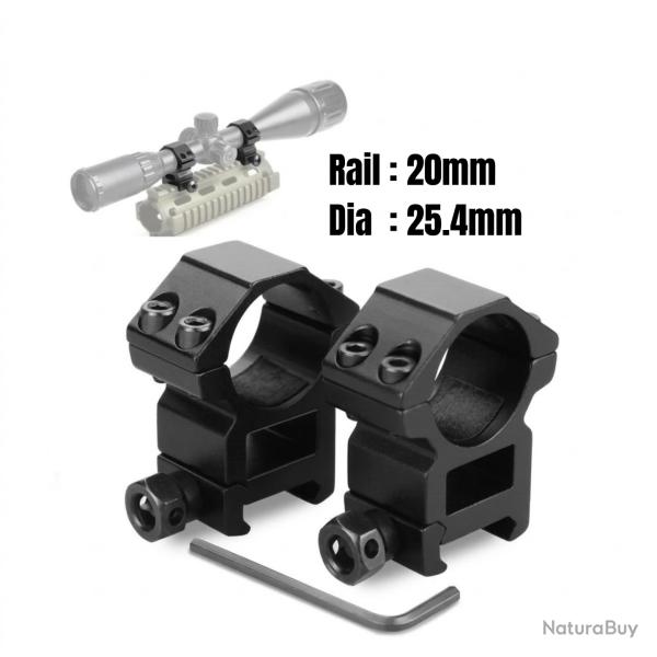 Lot de 2 Colliers de Montage Haut pour Lunette 25,4 mm � Rail 20 mm