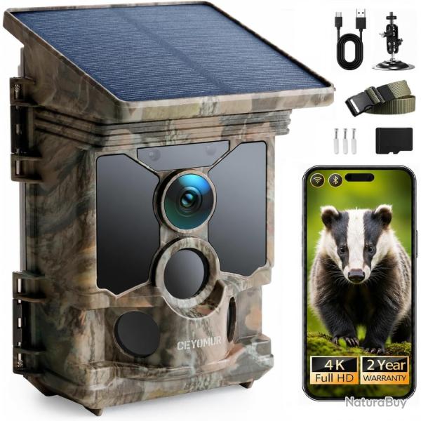 Cam�ra de Chasse Solaire 4K 68MP 30fps WiF �tanche IP66 Vision Nocturne Batterie 5200mAh SD U3 32GB