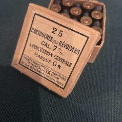 Rare Bo&icirc;te pleine d'&eacute;poque - 25 Cartouches Cal. 7mm Revolver SFM (Marque G?) - Percussion centrale