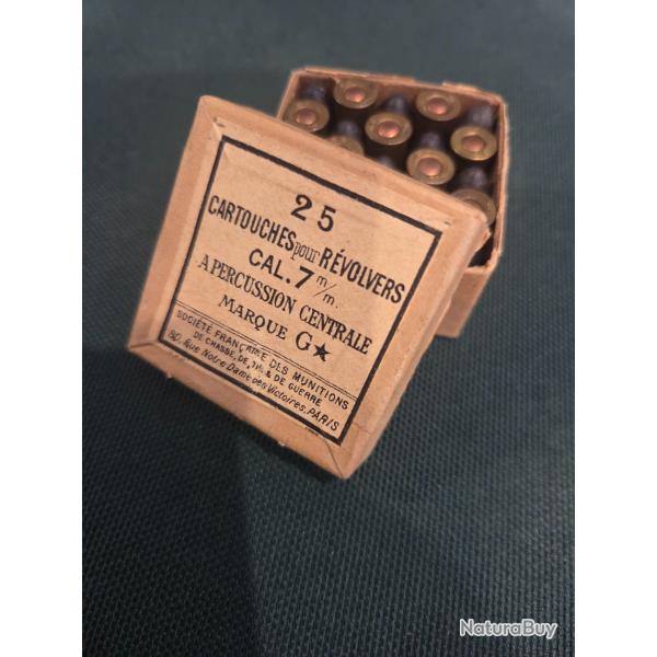 Rare Bo�te pleine d'�poque - 25 Cartouches Cal. 7mm Revolver SFM (Marque G?) - Percussion centrale