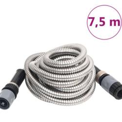Tuyau arrosage inox argent&eacute; 7,5 m avec buse 8 fonctions r&eacute;sistant