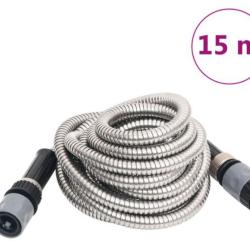 Tuyau arrosage inox argent&eacute; 15 m avec buse 8 fonctions r&eacute;sistant