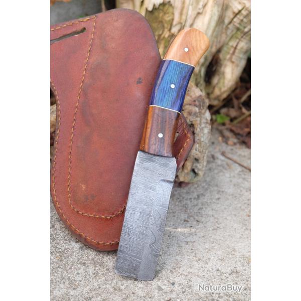 Couteau Skinner Lame Rasoir Acier Damas 256 Couches Manche Bois Beau Etui Cuir Fabric Artisanale