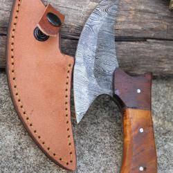 Couteau d'Esquimau Inuit Ulu Lame Acier Damas 256 Couches Manche Bois Etui Cuir Fab Artisanale 00