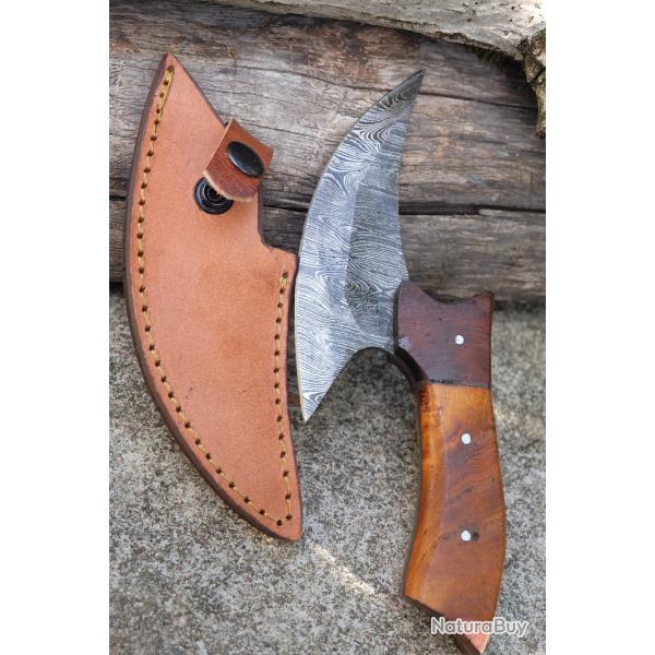 Couteau d'Esquimau Inuit Ulu Lame Acier Damas 256 Couches Manche Bois Etui Cuir Fab Artisanale 00