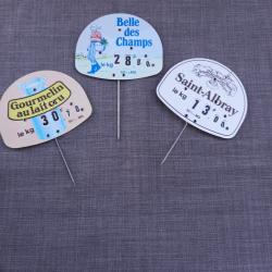Lot de 3 piquets &eacute;tiquettes de fromage vintage (Belle des Champs, Saint Albray, Gourmelin)