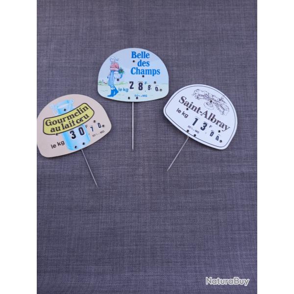Lot de 3 piquets �tiquettes de fromage vintage (Belle des Champs, Saint Albray, Gourmelin)