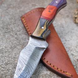 Couteau Skinner de Poche Lame Acier Damas 256 Couches Manche 3 Bois Etui Cuir Fab Artisanale