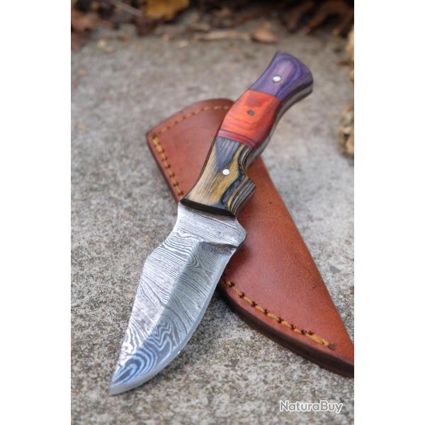 Couteau Skinner de Poche Lame Acier Damas 256 Couches Manche 3 Bois Etui Cuir Fab Artisanale