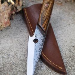 Couteau Skinner Tactical Urbain Lame Acier Carbone 1075 Manche Bois Etui Cuir Fabr Artisanale
