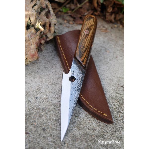 Couteau Skinner Tactical Urbain Lame Acier Carbone 1075 Manche Bois Etui Cuir Fabr Artisanale