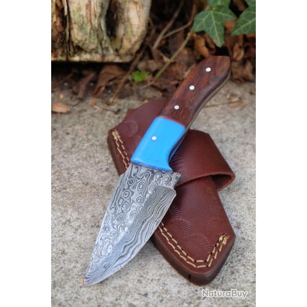 Couteau Skinner Lame Acier Damas 256 Couches Manche Bois/R�sine Etui Cuir Port Horizon F Artisanale
