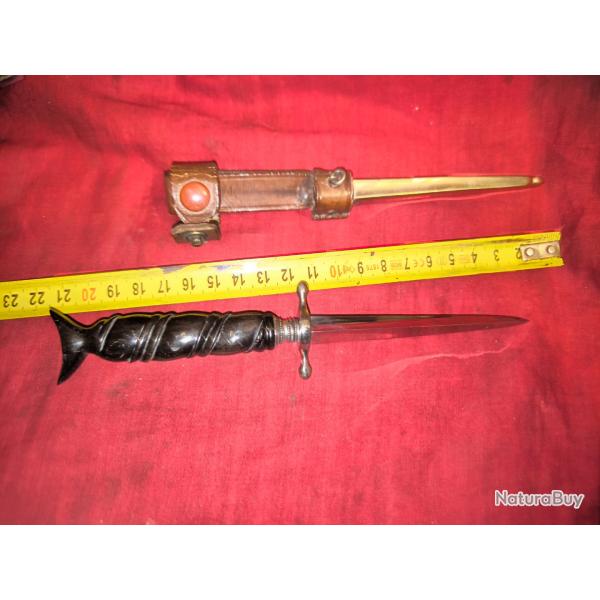 dague de vertu XIXe avec son rarissime gousset cuir porte fourreau manche �b�ne �tat exceptionnel