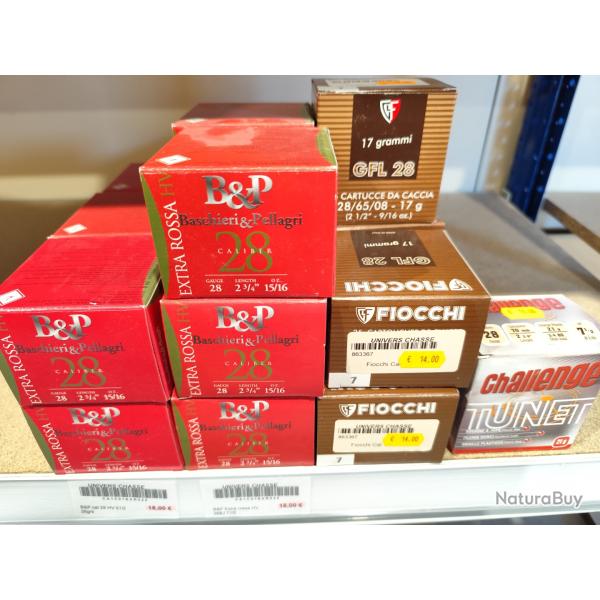 B&P calibre 28 lot de 24 bo�tes 5.5 x 6 bo�tes, 7.5 x12 bo�tes , x5 bo�tes fiocchi 17g neuves
