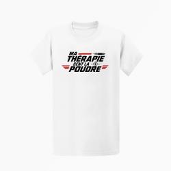 T-shirt Tir Sportif Ma th&eacute;rapie sent la poudre Cible et balle Blanc / Orange