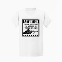 T-shirt Tir Sportif Attention tireur susceptible de modifier les faits Blanc