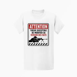 T-shirt Tir Sportif Attention tireur susceptible de modifier les faits Blanc / Orange