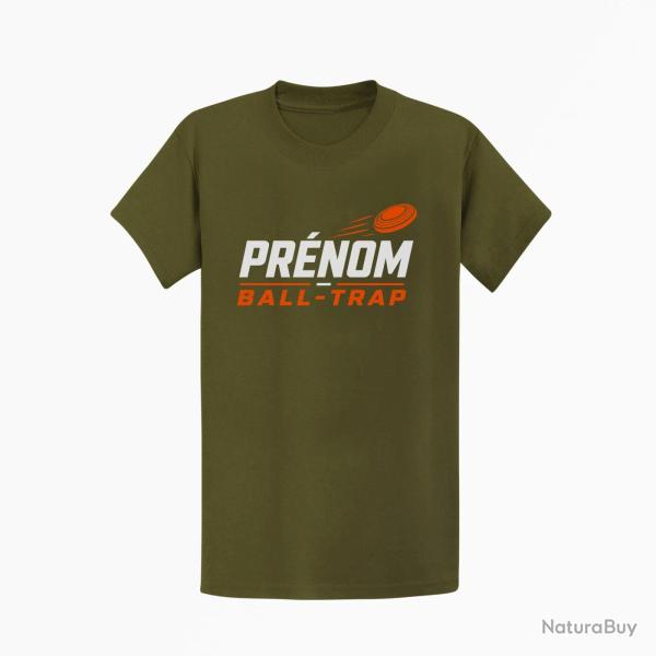 T-shirt Ball Trap Pr�nom personnalis� Passion tir Kaki / Blanc et orange