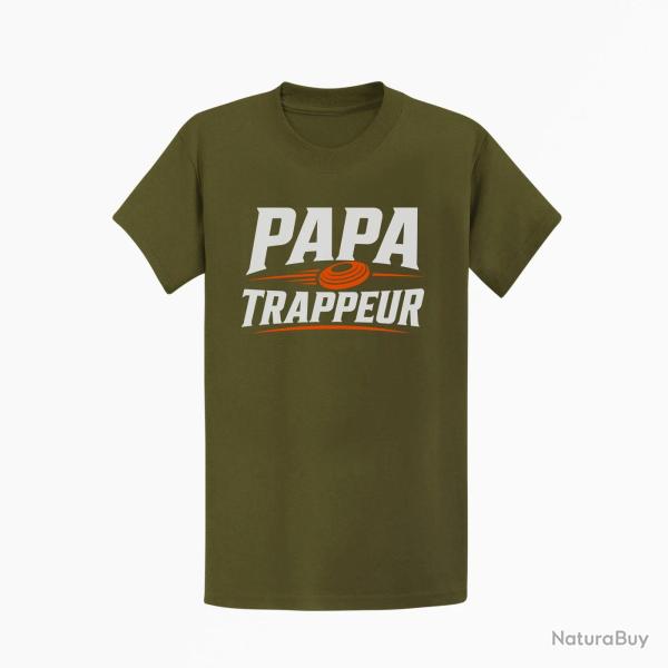 T-shirt Ball Trap Papa trappeur Cadeau personnalis� Kaki / Blanc et orange
