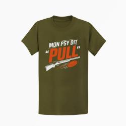 T-shirt Ball Trap Mon psy dit Pull Humour tireur Kaki / Blanc et orange