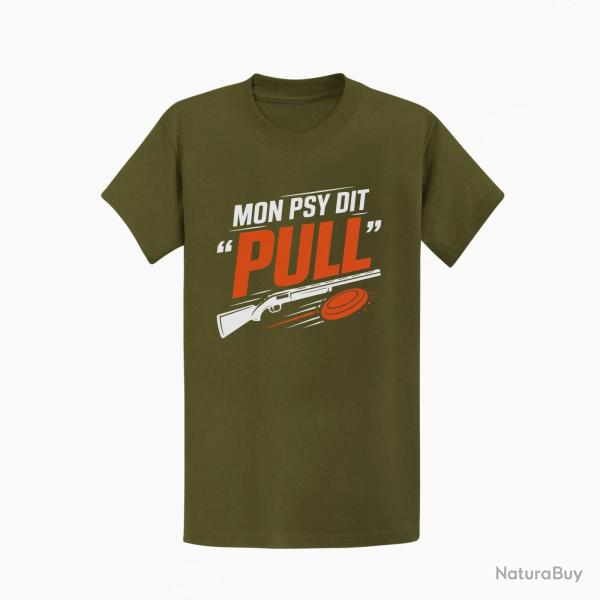 T-shirt Ball Trap Mon psy dit Pull Humour tireur Kaki / Blanc et orange