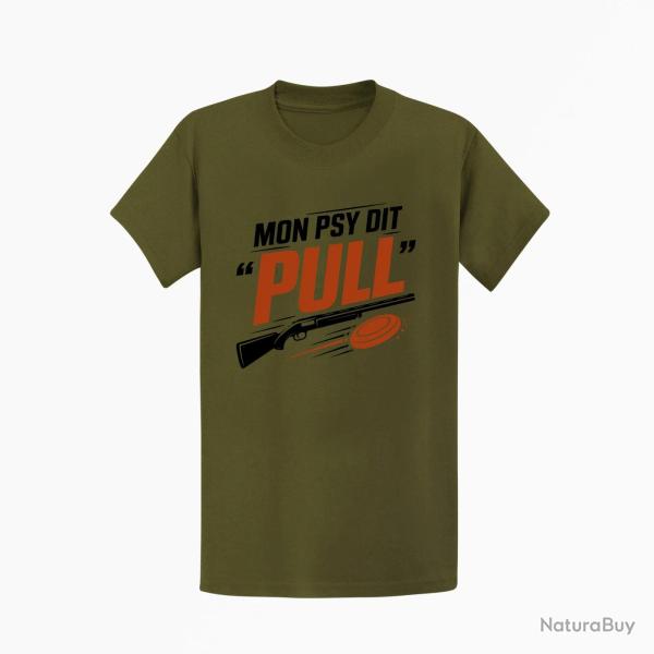 T-shirt Ball Trap Mon psy dit Pull Humour tireur Kaki / Noir et orange