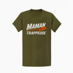 T-shirt Ball Trap Maman trappeuse Cadeau personnalis&eacute; Kaki / Blanc et orange