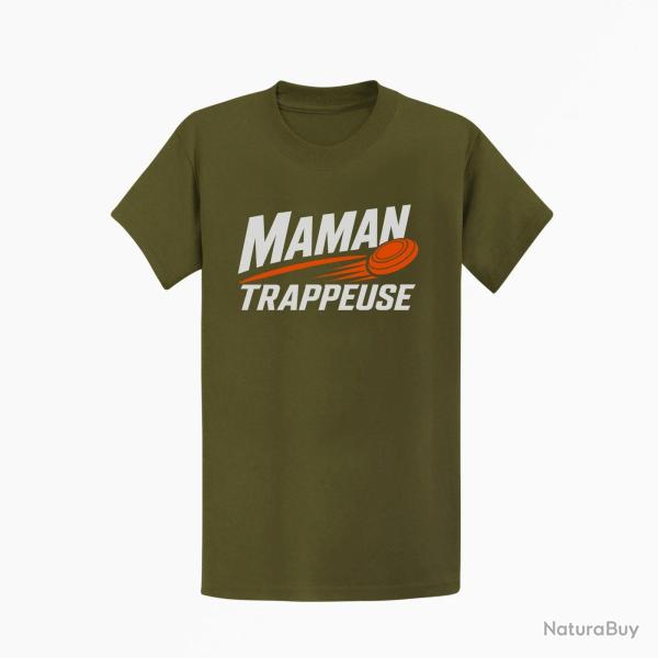 T-shirt Ball Trap Maman trappeuse Cadeau personnalis� Kaki / Blanc et orange