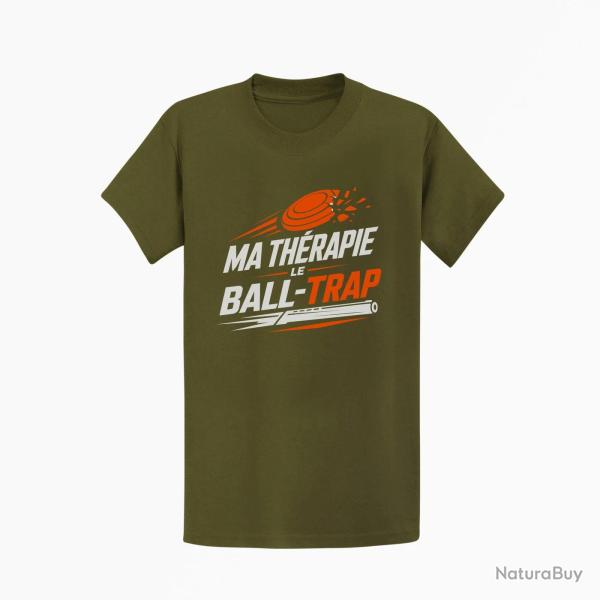 T-shirt Ball Trap Ma th�rapie, le Ball Trap Humour Kaki / Blanc et orange