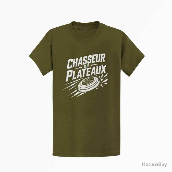 T-shirt Ball Trap Chasseur de plateaux �cusson tireur Kaki / Blanc