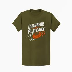 T-shirt Ball Trap Chasseur de plateaux &Eacute;cusson tireur Kaki / Blanc et orange