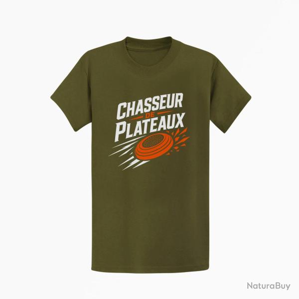 T-shirt Ball Trap Chasseur de plateaux �cusson tireur Kaki / Blanc et orange
