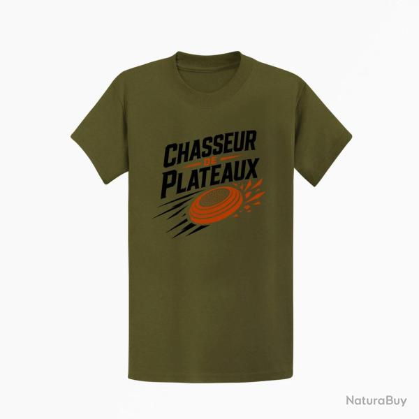 T-shirt Ball Trap Chasseur de plateaux �cusson tireur Kaki / Noir et orange
