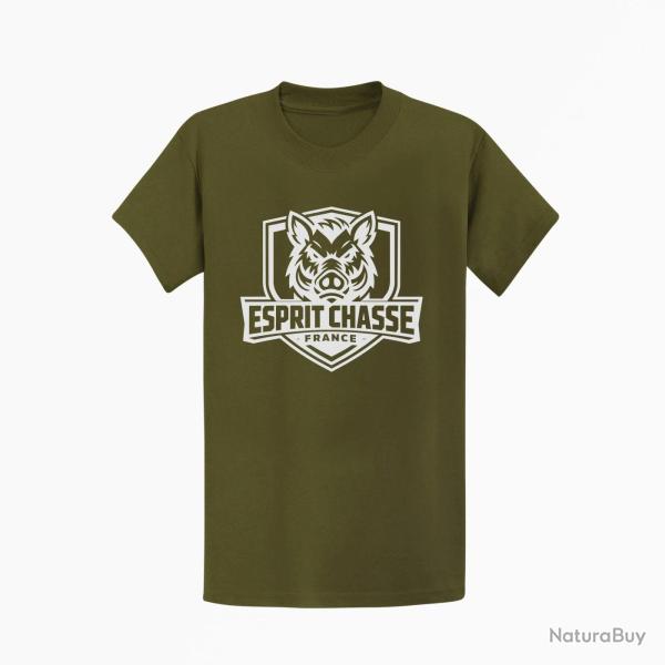 T-shirt Chasse Esprit chasse France Blason sanglier Kaki / Blanc