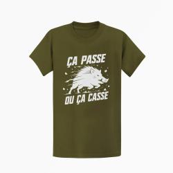 T-shirt Chasse &Ccedil;a passe ou &ccedil;a casse Sanglier Kaki / Blanc