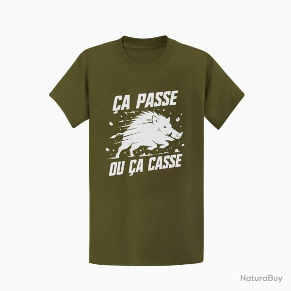 T-shirt Chasse �a passe ou �a casse Sanglier Kaki / Blanc