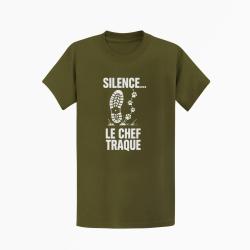 T-shirt Chasse Silence, le chef traque Empreintes Kaki / Blanc