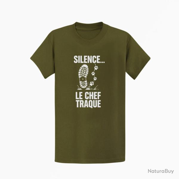 T-shirt Chasse Silence, le chef traque Empreintes Kaki / Blanc