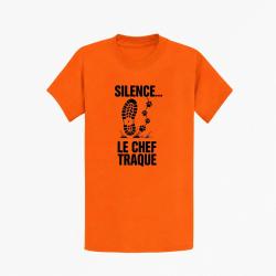 T-shirt Chasse Silence, le chef traque Empreintes Orange