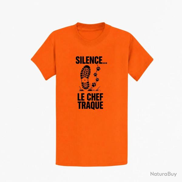 T-shirt Chasse Silence, le chef traque Empreintes Orange