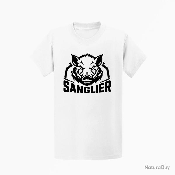 T-shirt Chasse Sanglier sauvage Blason Blanc