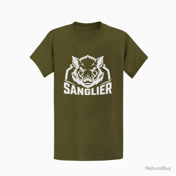 T-shirt Chasse Sanglier sauvage Blason Kaki / Blanc
