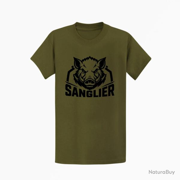 T-shirt Chasse Sanglier sauvage Blason Kaki / Noir
