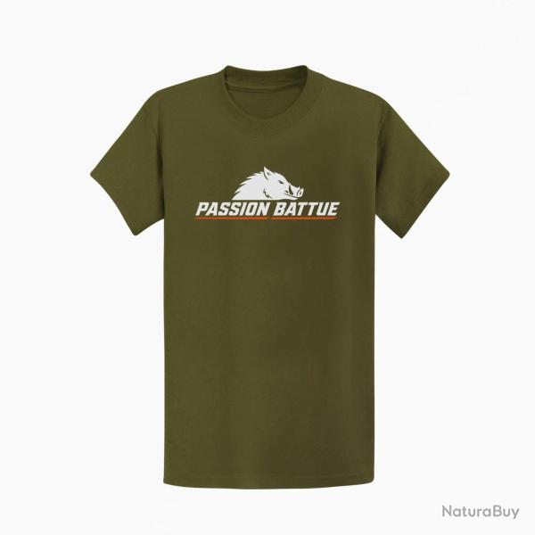 T-shirt Chasse Passion battue Sanglier courant Kaki / Blanc et orange