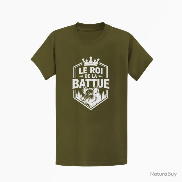 T-shirt Chasse Le roi de la battue Blason sanglier Kaki / Blanc