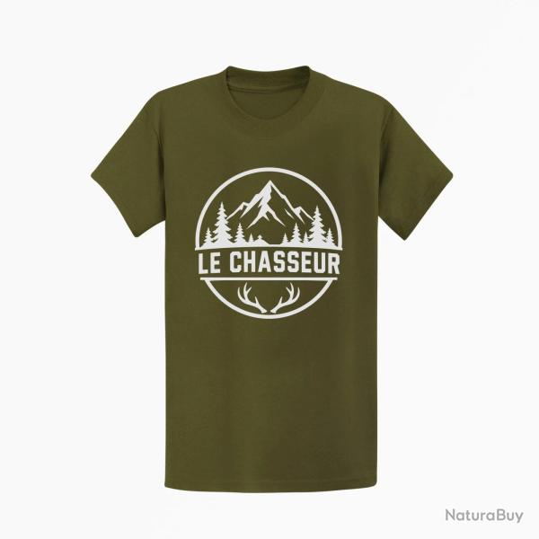 T-shirt Chasse Le chasseur Montagnes et ramure Kaki / Blanc