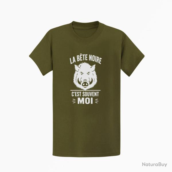 T-shirt Chasse La b�te noire, c'est moi Sanglier Kaki / Blanc