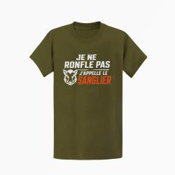 T-shirt Chasse Je ne ronfle pas j'appelle le sanglier Kaki / Blanc et orange